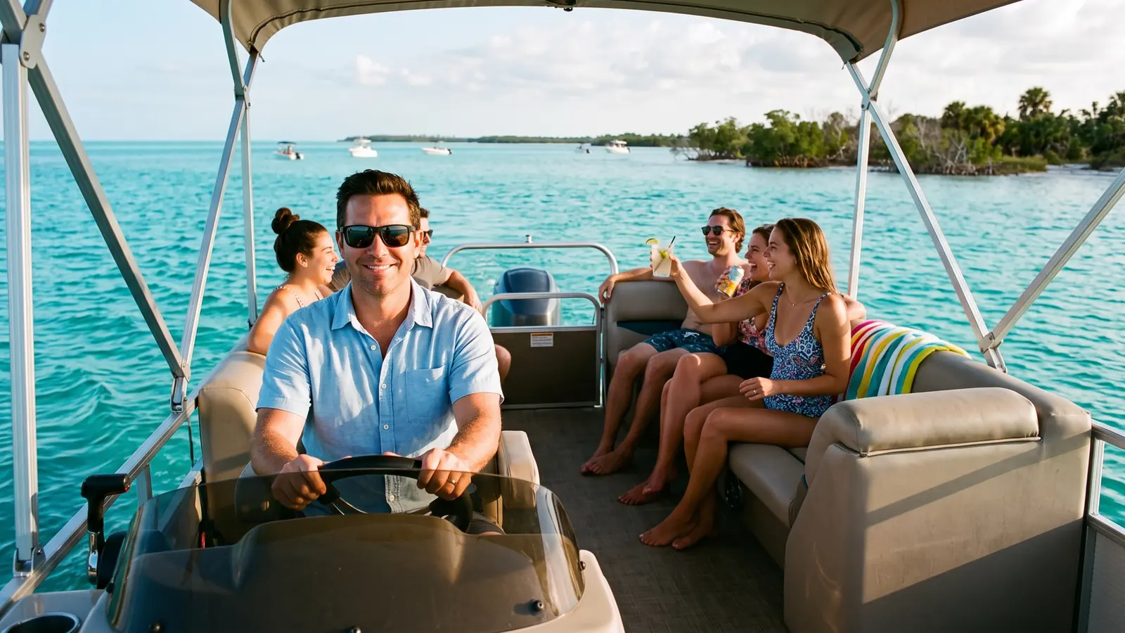 A captain at the helm with guests enjoying the ride behind him