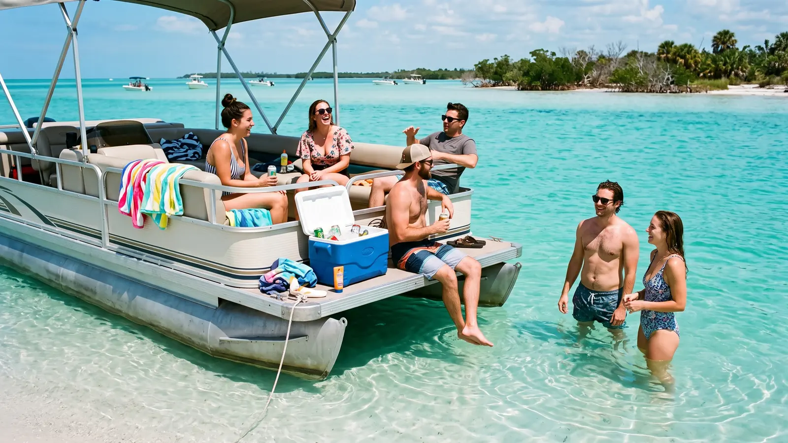 Friends on a pontoon boat anchored on a turquoise Florida sandbar